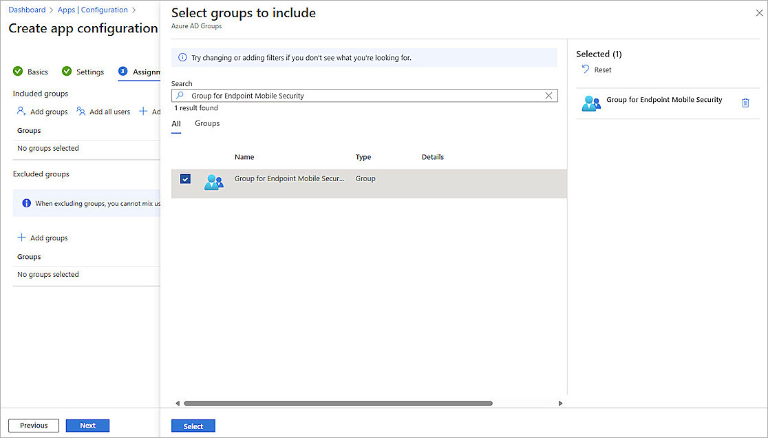 Screenshot of select group in Intune